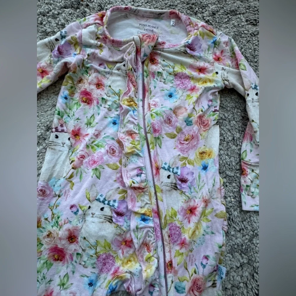 Posh Peanut 3-6M Easter Bunny Floral Ruffle Footie Zipper Pajamas